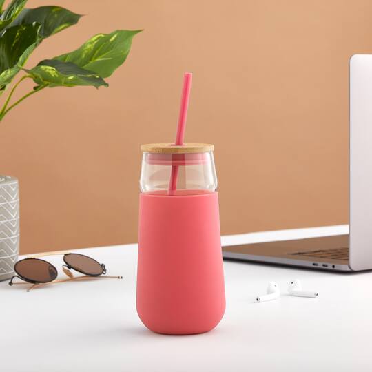 JoyJolt® 20oz. Glass Tumbler with Straws & Silicone Sleeve
